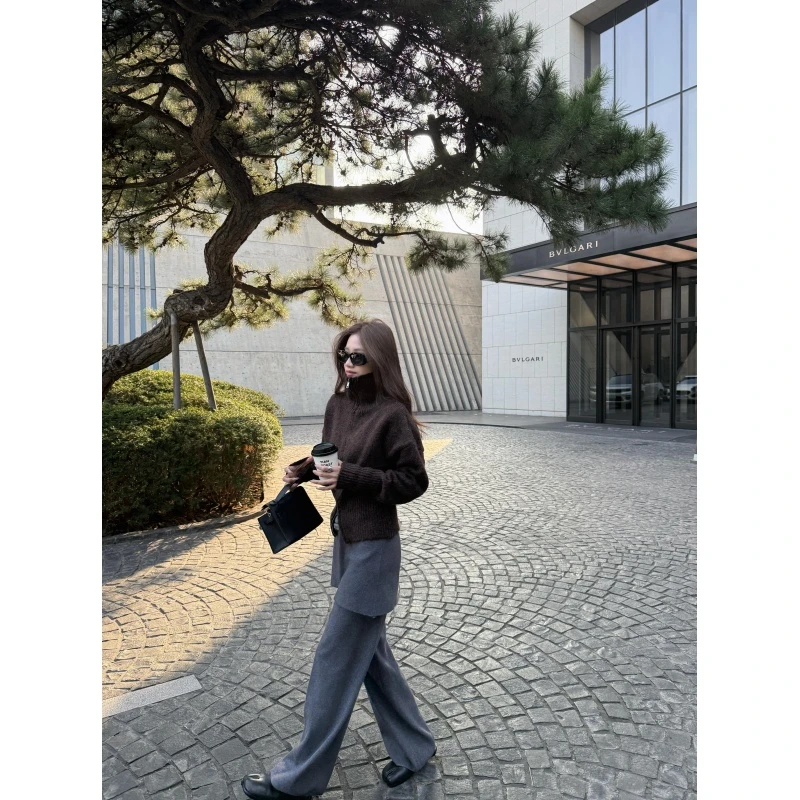 慵懒翻领拉链毛衣外套宽松灰色上衣叠穿假两件屁帘微喇裤两件套装