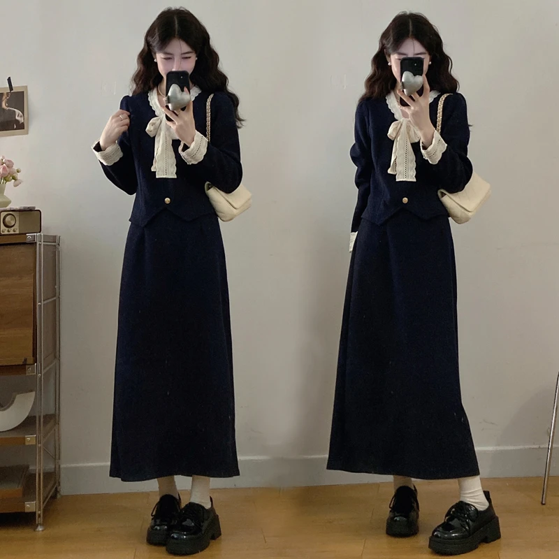 2025大码女装冬季新款小香风蝴蝶结设计收腰外套+半身裙两件套