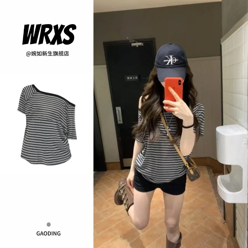 【婉如新生】韩系斜肩条纹短袖t恤女夏季设计感慵懒风辣妹露肩上衣