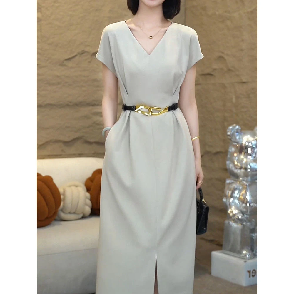 优雅迷人知性大方短袖连衣裙2025夏季灰色收腰显瘦通勤开叉A字裙