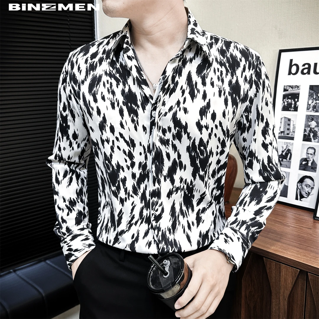 斑点花衬衣男款痞帅高级感暗扣垂感弹力休闲男士衬衫新款2025爆款