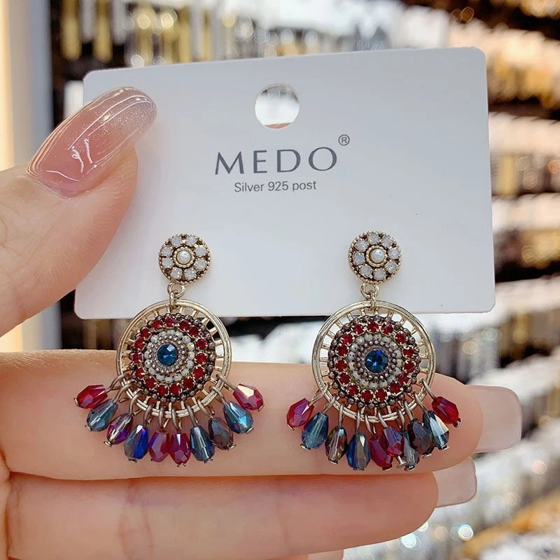 铜合金耳饰 复古民族风流苏耳环小众气质手工款银针耳钉波西米亚