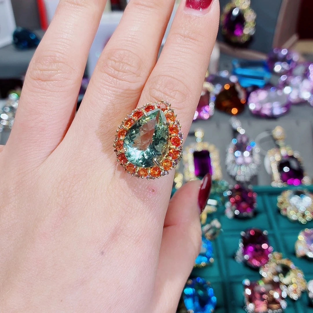 银S925镶嵌戒指绿水晶戒指