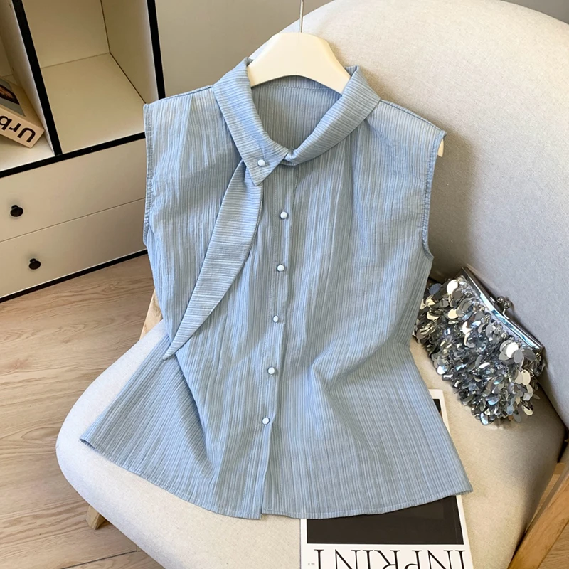 蓝色条纹无袖衬衫女夏季新款外穿高级感气质职业小衫法式别致上衣