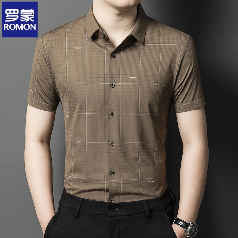 罗蒙无痕冰丝短袖衬衫男士夏季新款商务休闲格子衬衣中年翻领上衣
