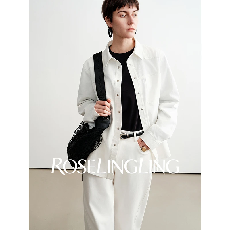 Roselingling率性自由丹宁定制定染沙白色牛仔长绒棉宽松衬衫外套