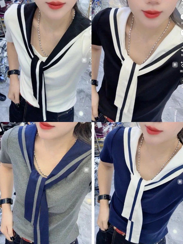 夏季设计感短袖T恤长袖拼接个性街头外搭常规款V领