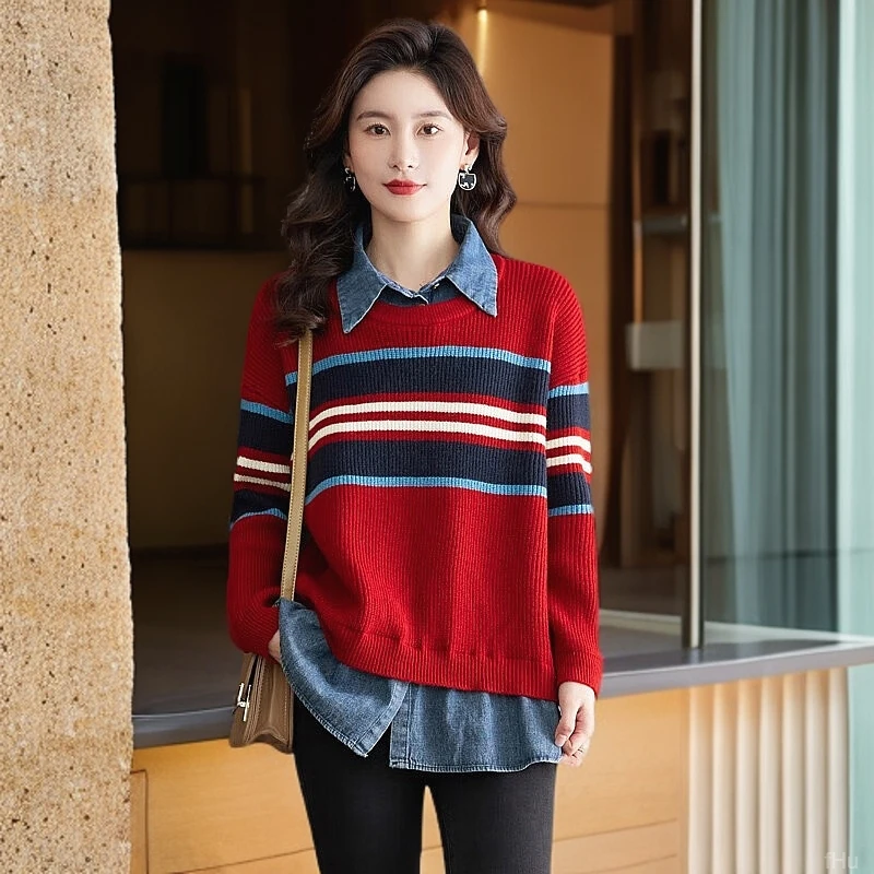 春秋新款韩版宽松时尚条纹polo领针织衫女百搭保暖套头毛衣外套