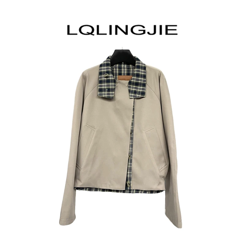 LQLINGJIE设计师款拼接两穿格纹夹克外套91055