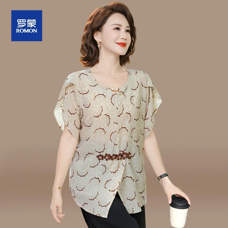 妈妈夏装洋气雪纺小衫套装中年妇女上衣中老年夏季短袖气质两件套