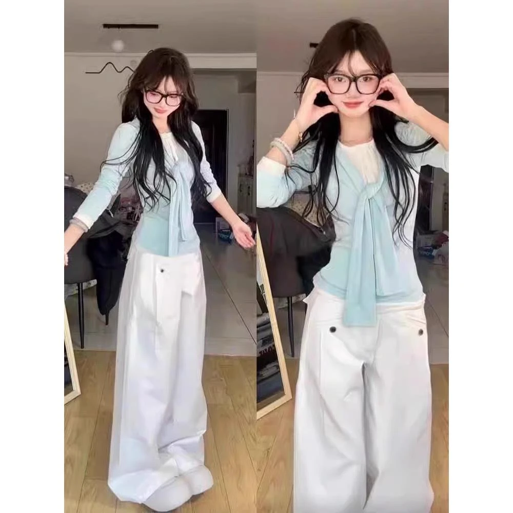 韩系薄荷绿绑带休闲显瘦假两件长袖t恤女秋季学院风独特别致上衣