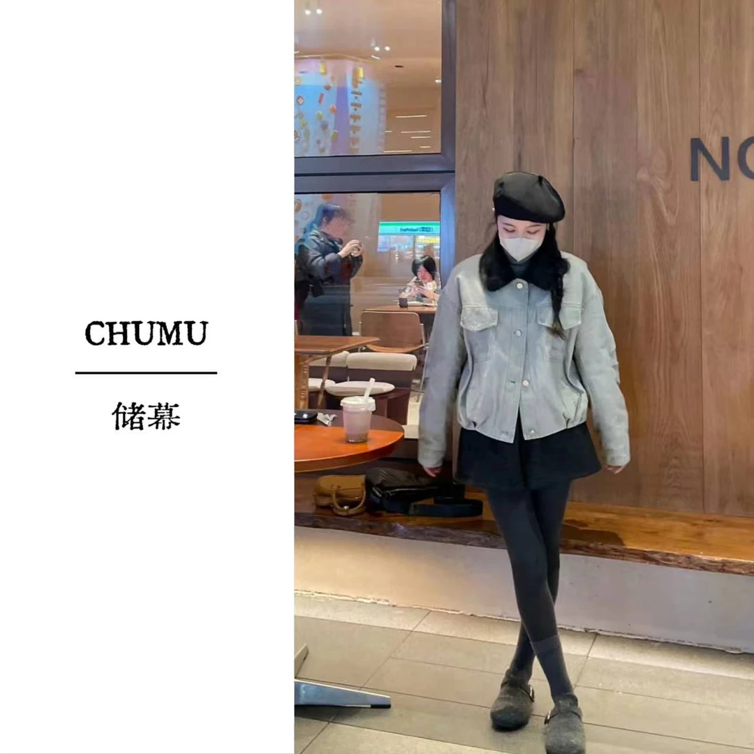 CHUMU/储慕20525冬季新款牛仔面料毛领单排扣夹羽绒保暖短款外套