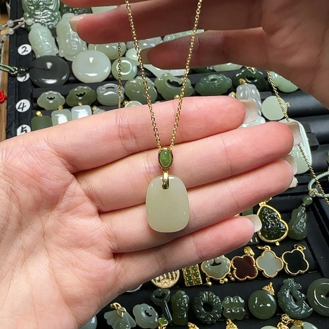 颈饰银S925镶嵌和田玉送链子送绳