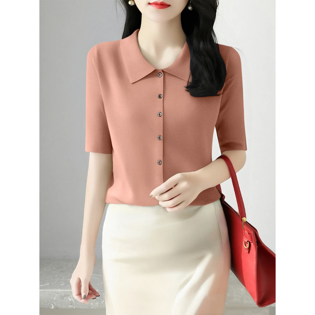2025年夏季新款洋气减龄修身显瘦t恤女POLO领设计五分袖遮肉上衣