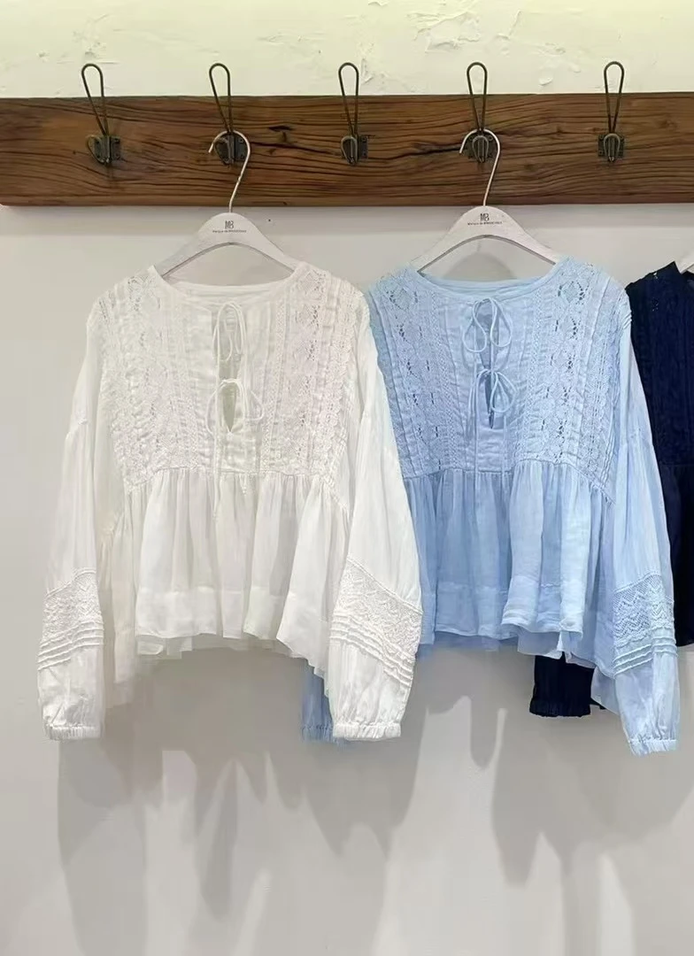 2025文艺慵懒松弛镂空苎麻长袖短衬衫