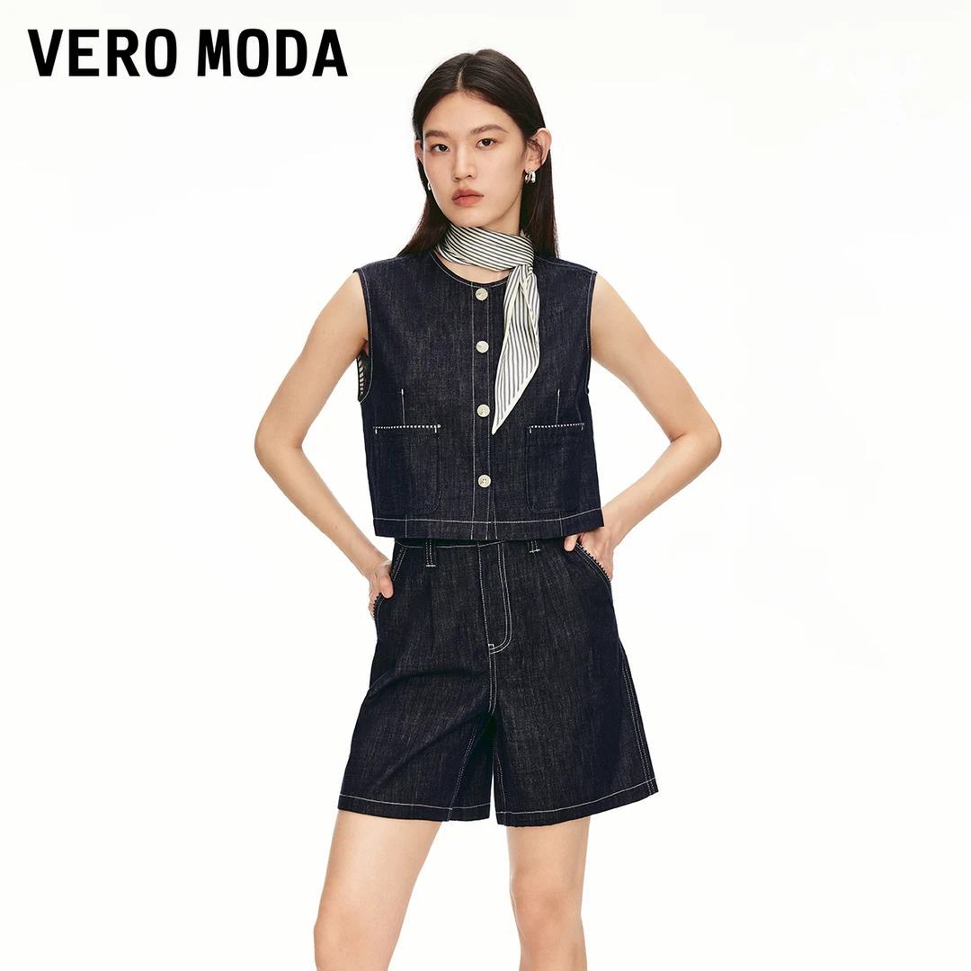 Vero Moda牛仔裤25夏日穿搭明线高腰压褶牛仔短裤老钱风325243018