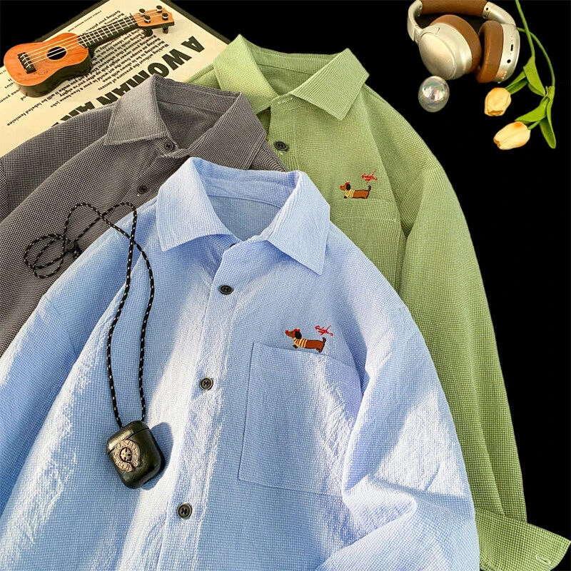2025春季新款休闲大码刺绣小狗长袖衬衫百搭宽松设计感衬衣洋气