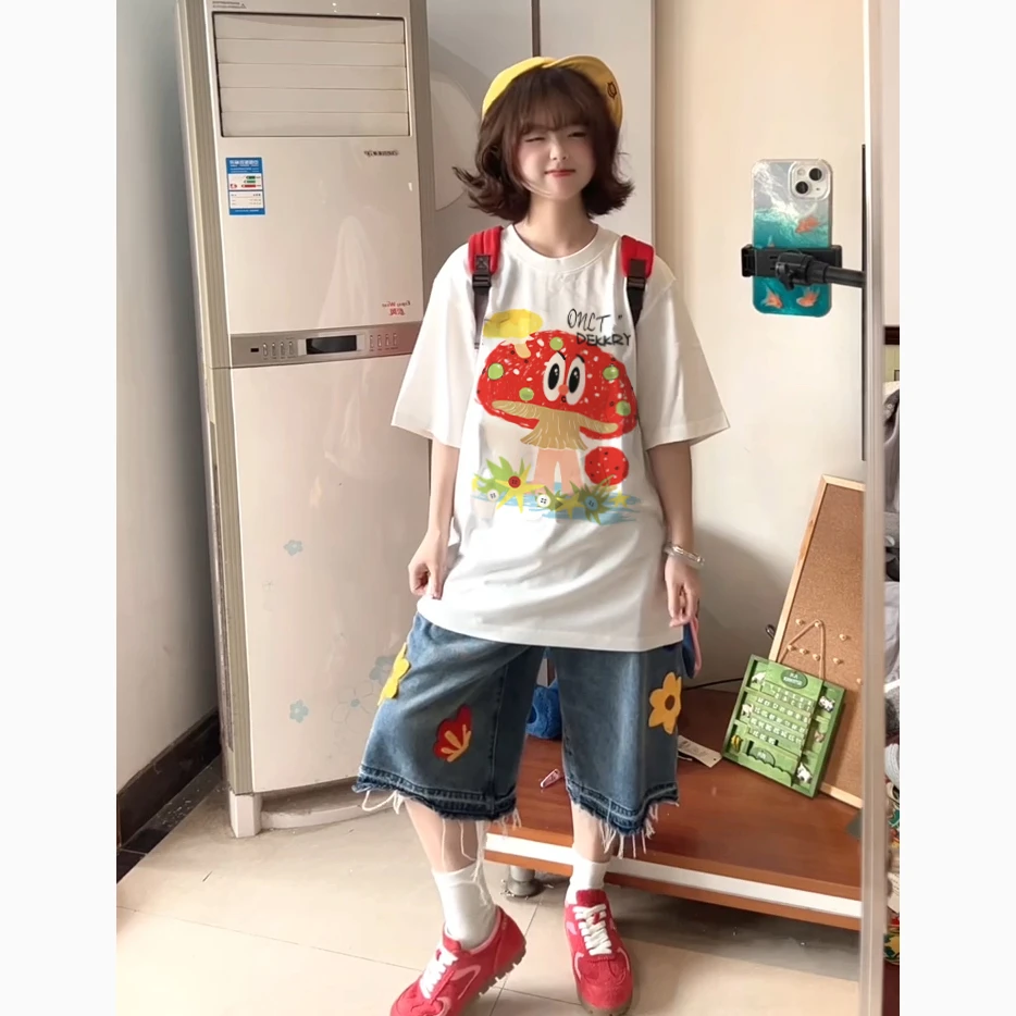 labzaa美式高街蘑菇印花短袖t恤男女夏季oversize休闲宽松上衣潮