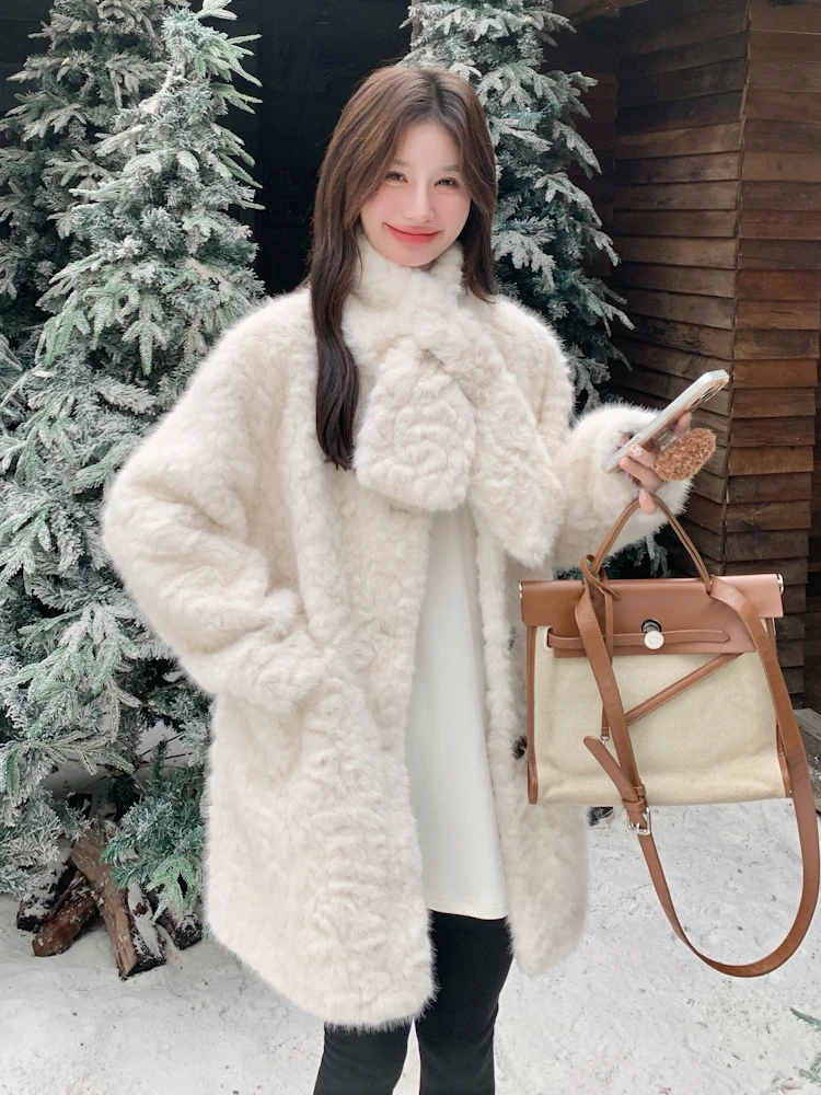 人造皮草 毛毛外套女加厚冬季韩系慵懒风上衣中长款围巾款