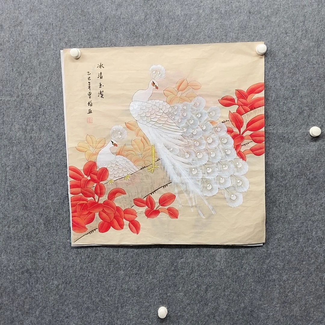 国画四尺斗方工笔花鸟一副