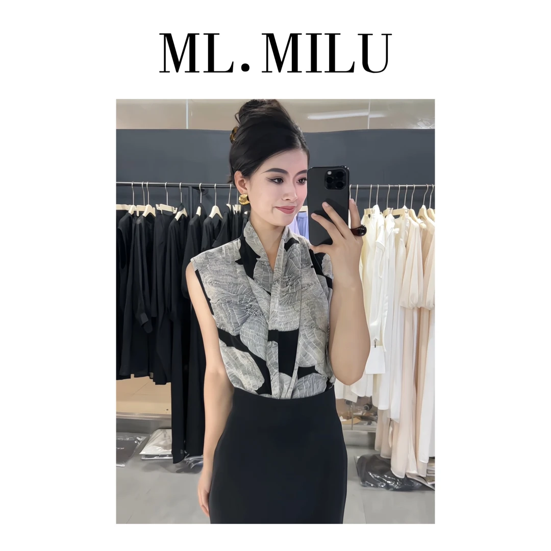 2025夏季新款无袖气质印花气质醋酸缎面V领无袖小衫