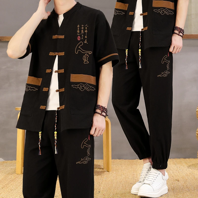 夏季短袖衬衫男士休闲半袖男国风上衣薄款冰感刺绣唐装一套茶禅服