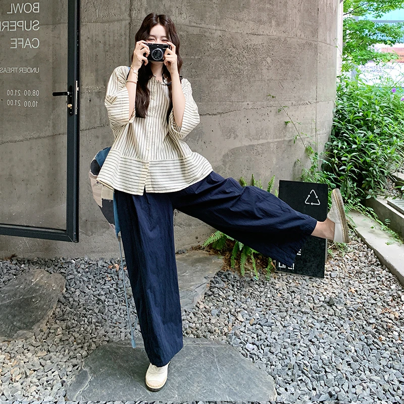 复古条纹衬衫阔腿裤套装女2025夏新款流行小个子爆款高级感两件套