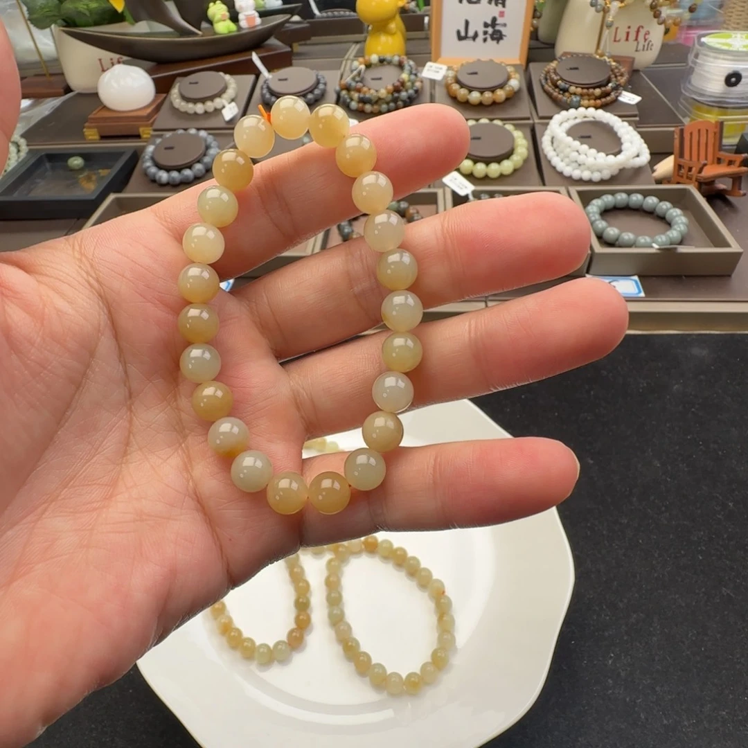 和田玉未镶嵌手链卡8糖白聚宝盆，21