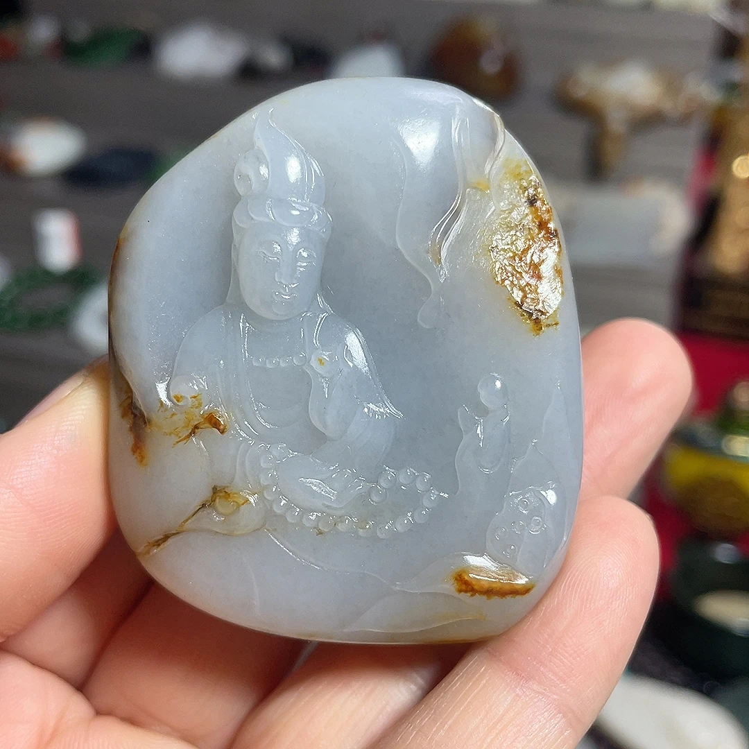 天然玉石新疆和田玉时尚款莲花观音悟道手工雕刻吊坠精雕俏色巧雕