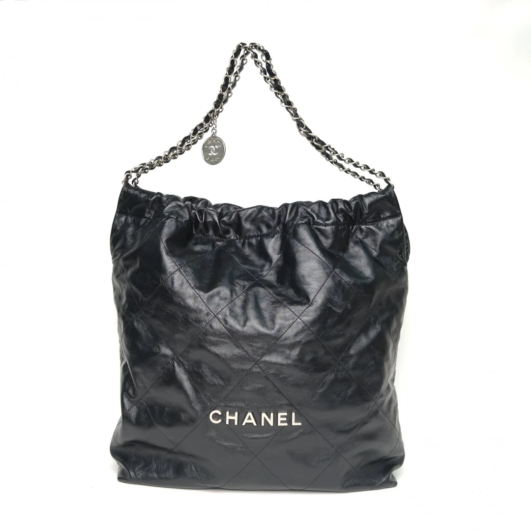 95新 Chanel/香奈儿 双攀-22Bag 托特包 大号 黑 皮革 芯片 银扣
