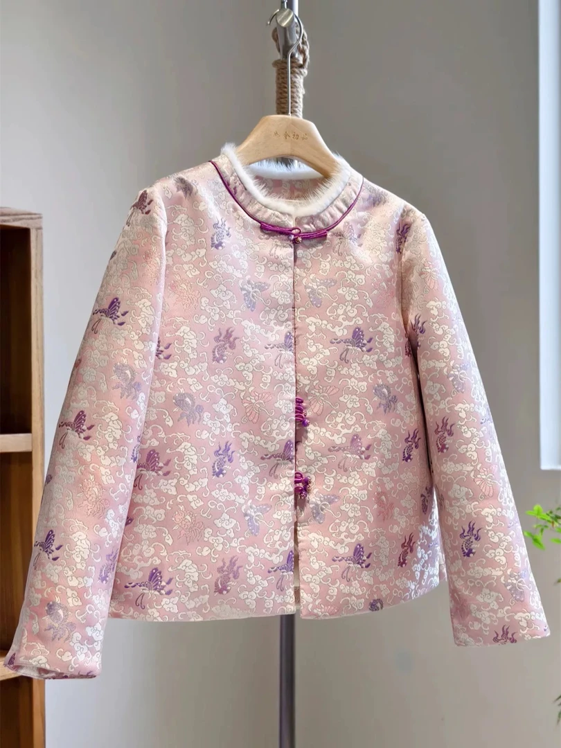 新中式粉紫色羽绒服高级感轻薄款年轻少女外套冬款水貂毛盘扣鹅绒