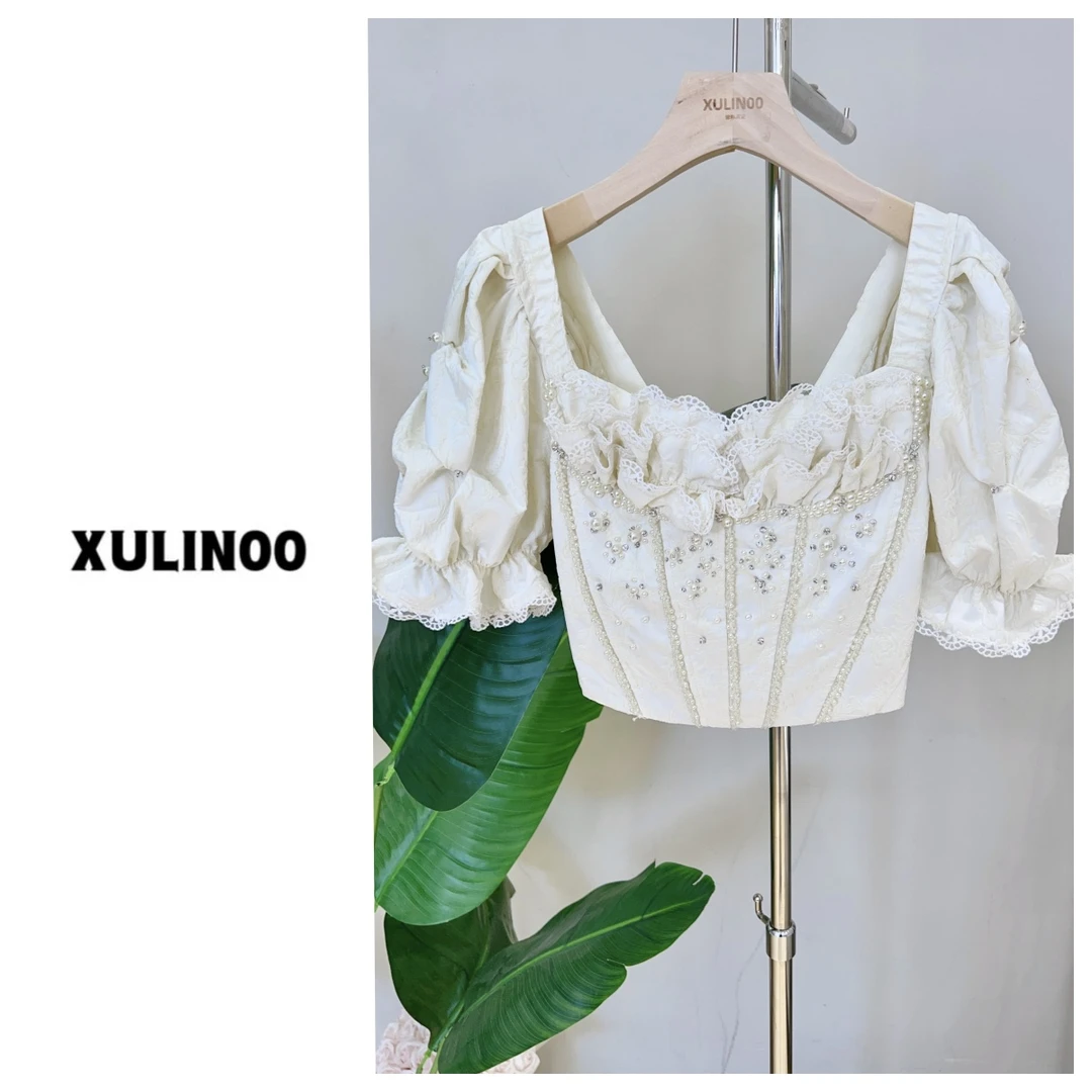 春夏轻奢法式蕾丝气质米白色褶皱感显瘦钉珠短袖 5582