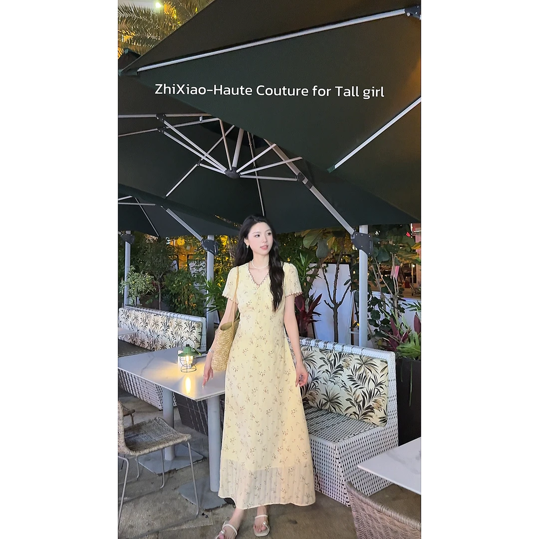 48h【生如夏花 】 加长法式v领碎花短袖小众收腰气质长裙 su372