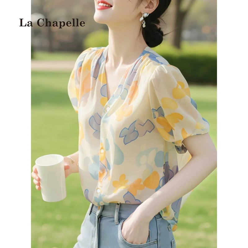 拉夏贝尔今年流行的小香风夏装上衣轻熟超好看百搭印花短袖衬衫女