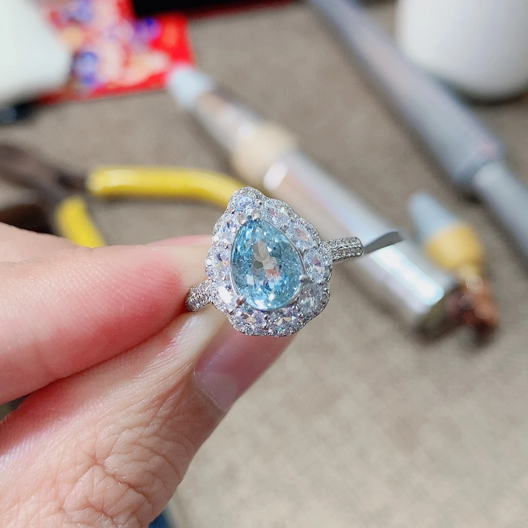 海蓝宝石戒指银S925镶嵌