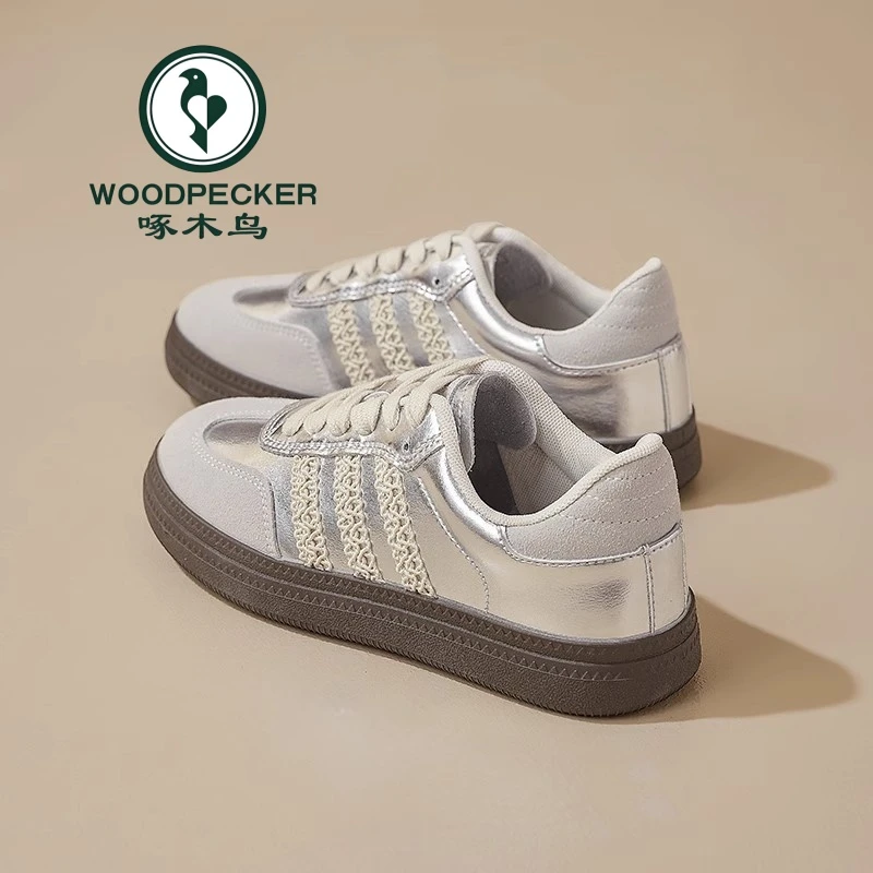 啄木鸟厚底银色软底德训鞋女2025新款春秋休闲板鞋芭蕾运动鞋子