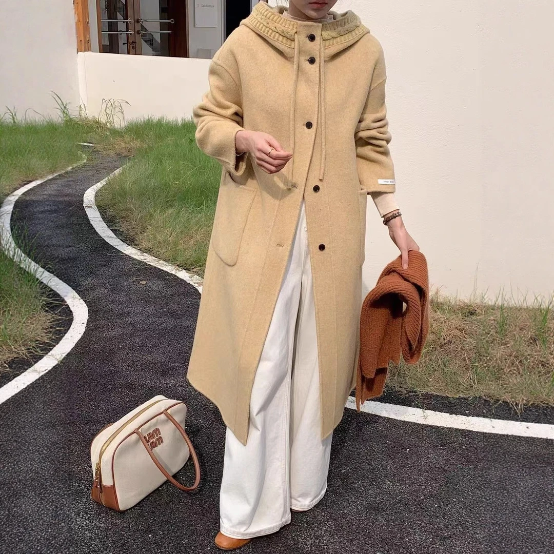 2025秋冬新款高端双面羊毛大衣长款韩版宽松羊毛编织连帽毛呢外套