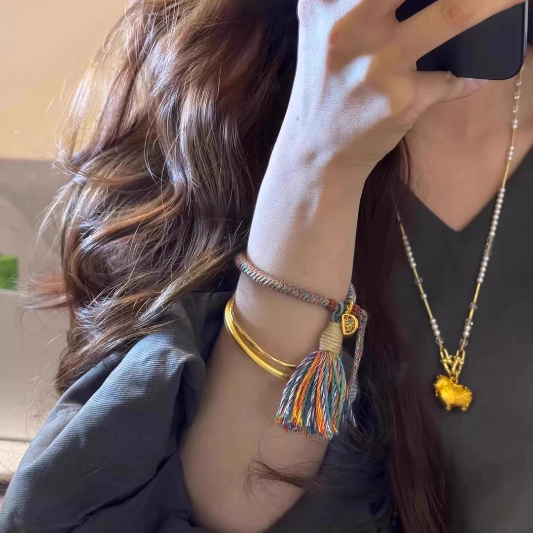 铜合金手链 藏式福禄流苏手绳女款手工编织珐琅彩葫芦手绳新中式