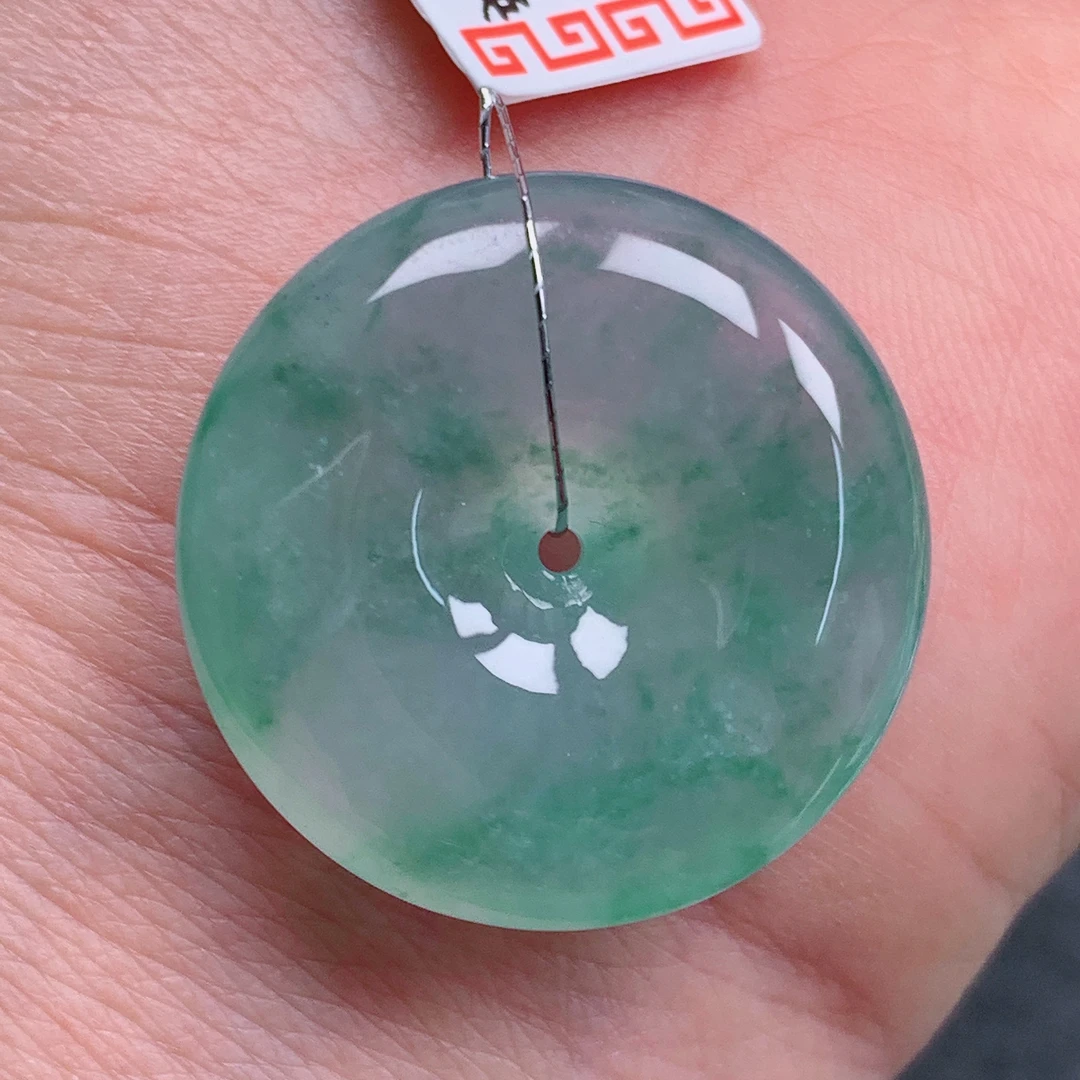 天然缅甸翡翠A货冰飘花平安扣气质精美尺寸26.5+6.9  329