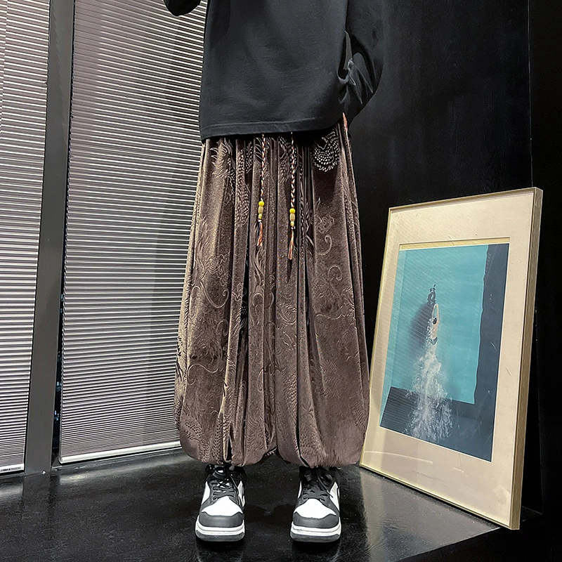中国风男裤子小众设计感金丝绒休闲阔腿裤复古大码肥佬灯笼萝卜裤