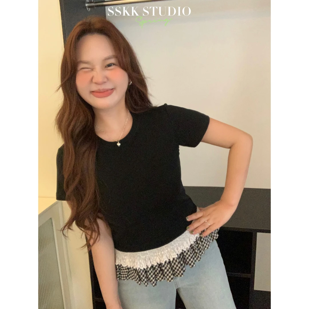 KMZY/KMZY山_山【欧尼布丁】韩版小香风甜美气质穿搭短袖T上衣