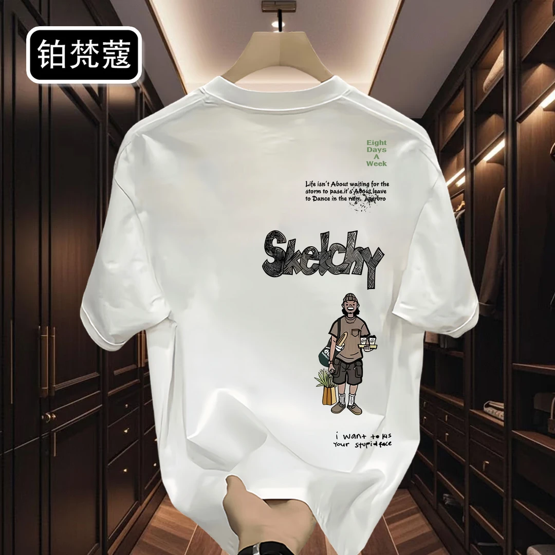 铂梵蔻男士T恤印花夏季宽松圆领美式上衣大码纯棉休闲潮短袖痞帅