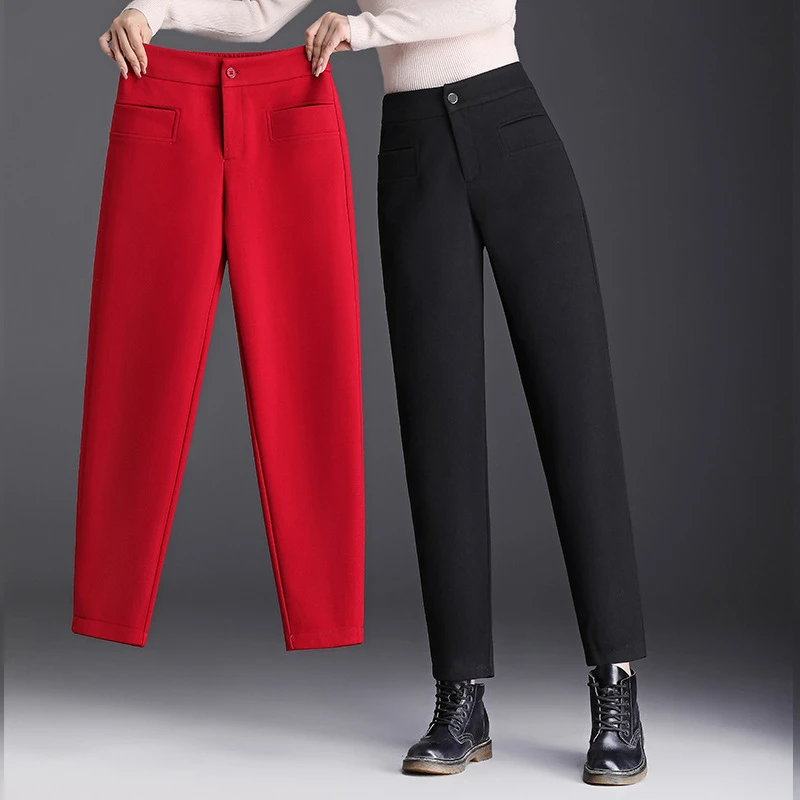 毛呢裤女直筒宽松2024秋冬新款萝卜大码哈伦加绒九分黑色休闲裤子