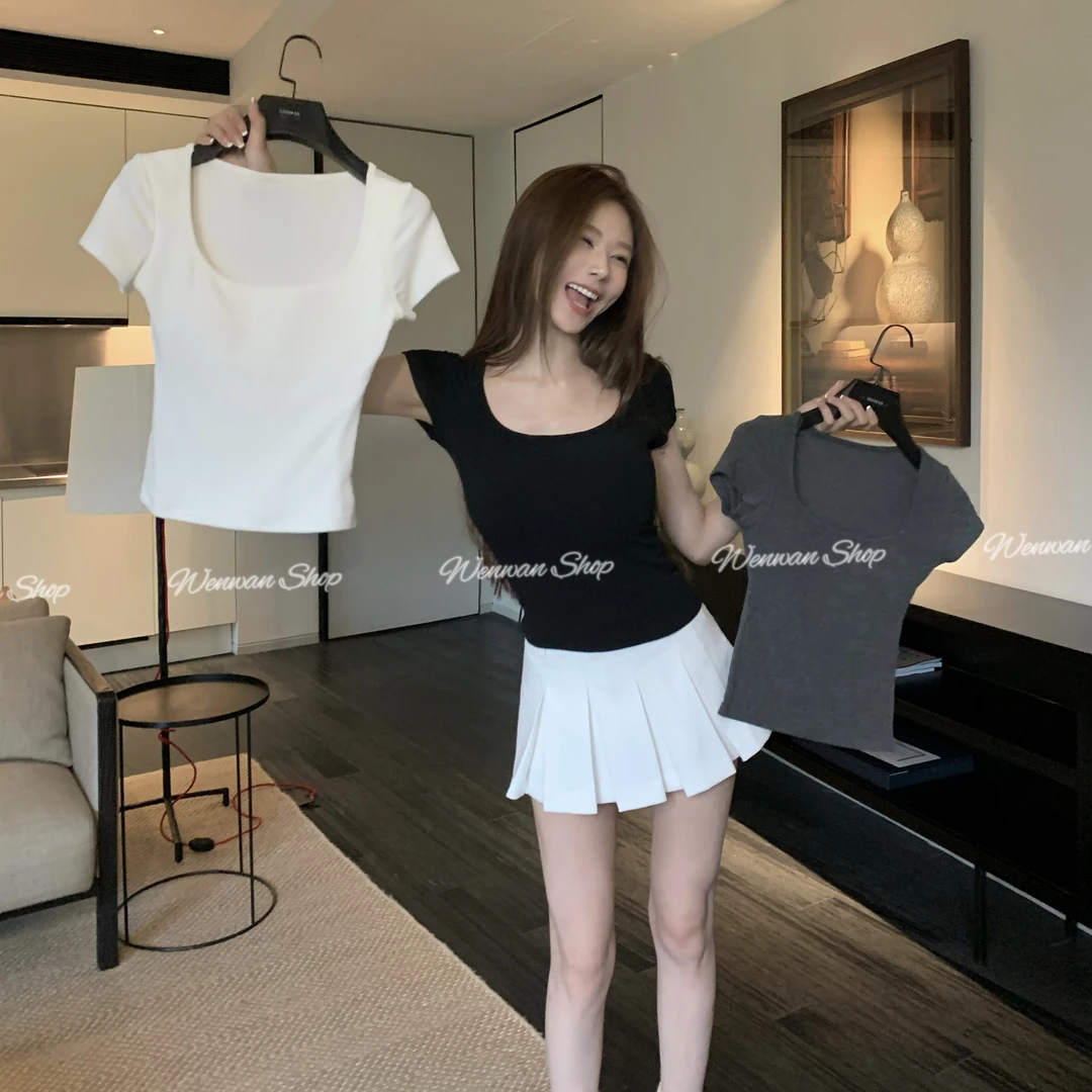 【本命T 自带胸垫】3色!纯欲风U领纯色基础百搭内搭短袖T恤