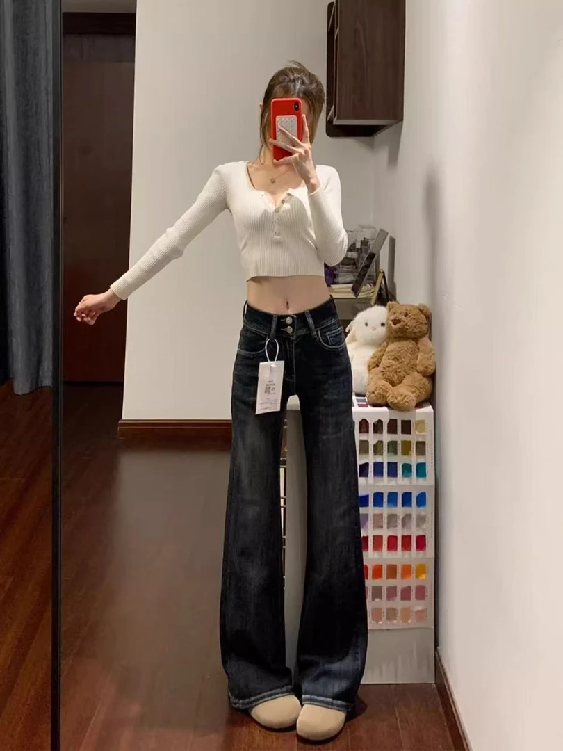 美式蓝灰色微喇牛仔裤女秋冬高腰弹力修身显瘦复古喇叭拖地马蹄裤