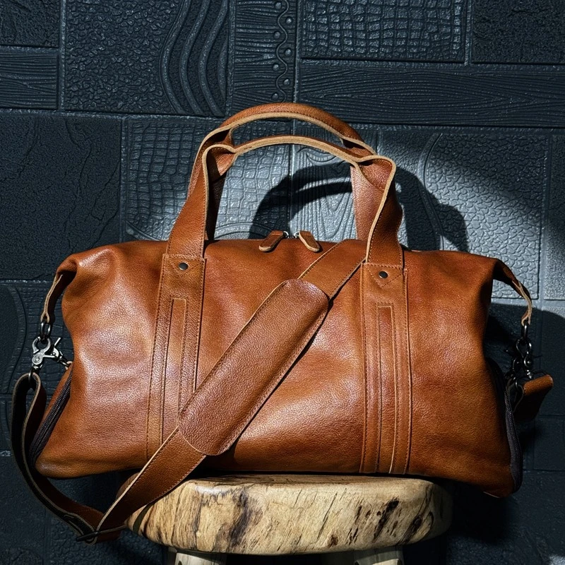 慢时光真皮短途旅行包男手提大容量外出袋休闲牛皮斜挎行李出差包