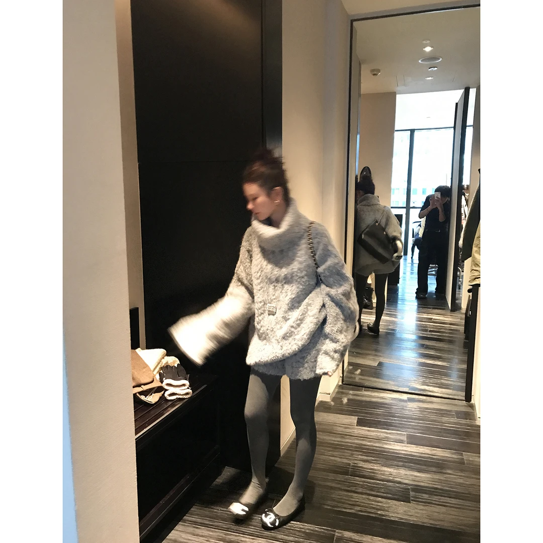 【慵懒look】高领保暖毛衣+针织短裤套装4708