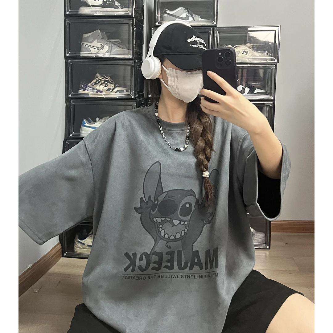 美式潮牌短袖男宽松夏季新款卡通圆领T恤情侣个性创意半袖五分袖