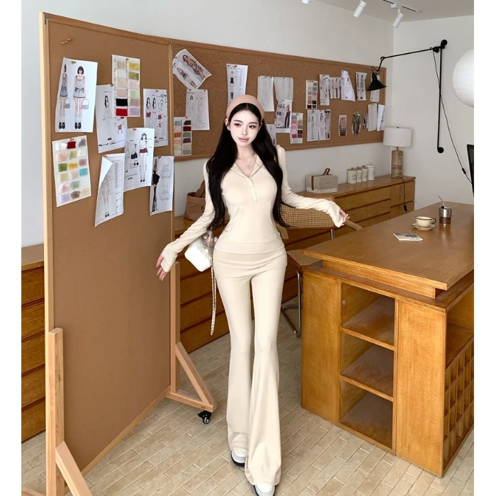 修身连帽长袖收腰套头卫衣女秋季休闲运动套装高腰微喇叭裤两件套