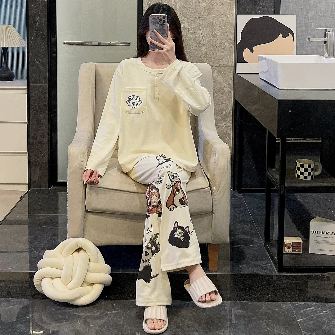 德绒可爱小狗睡衣女秋冬季加厚保暖杏色长袖可外穿宽松家居服套装